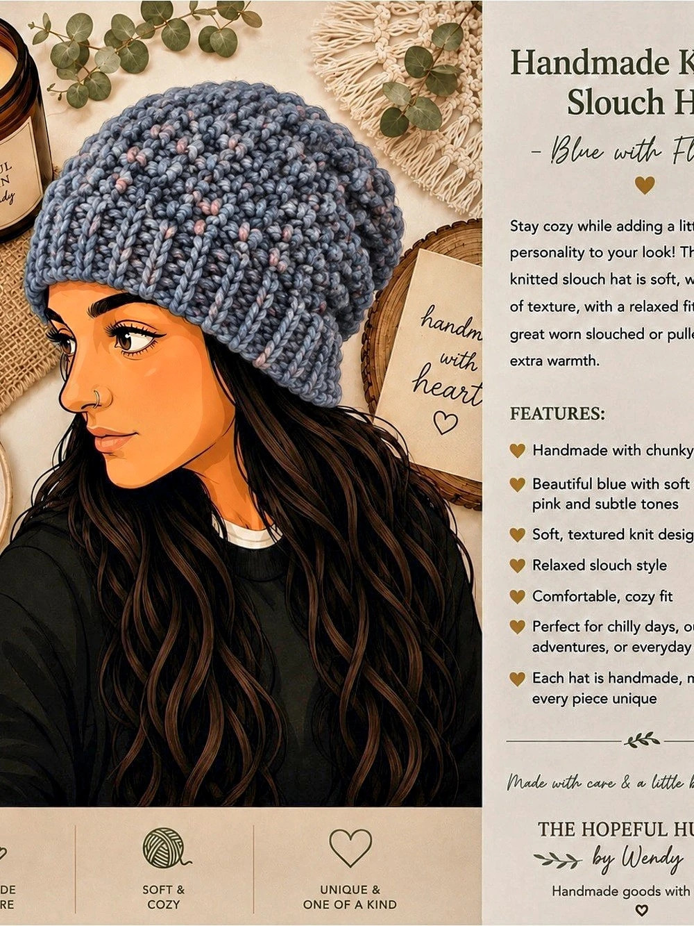 The Hopeful Hut by Wendy Handmade Knitted Slouch Hat in Blue